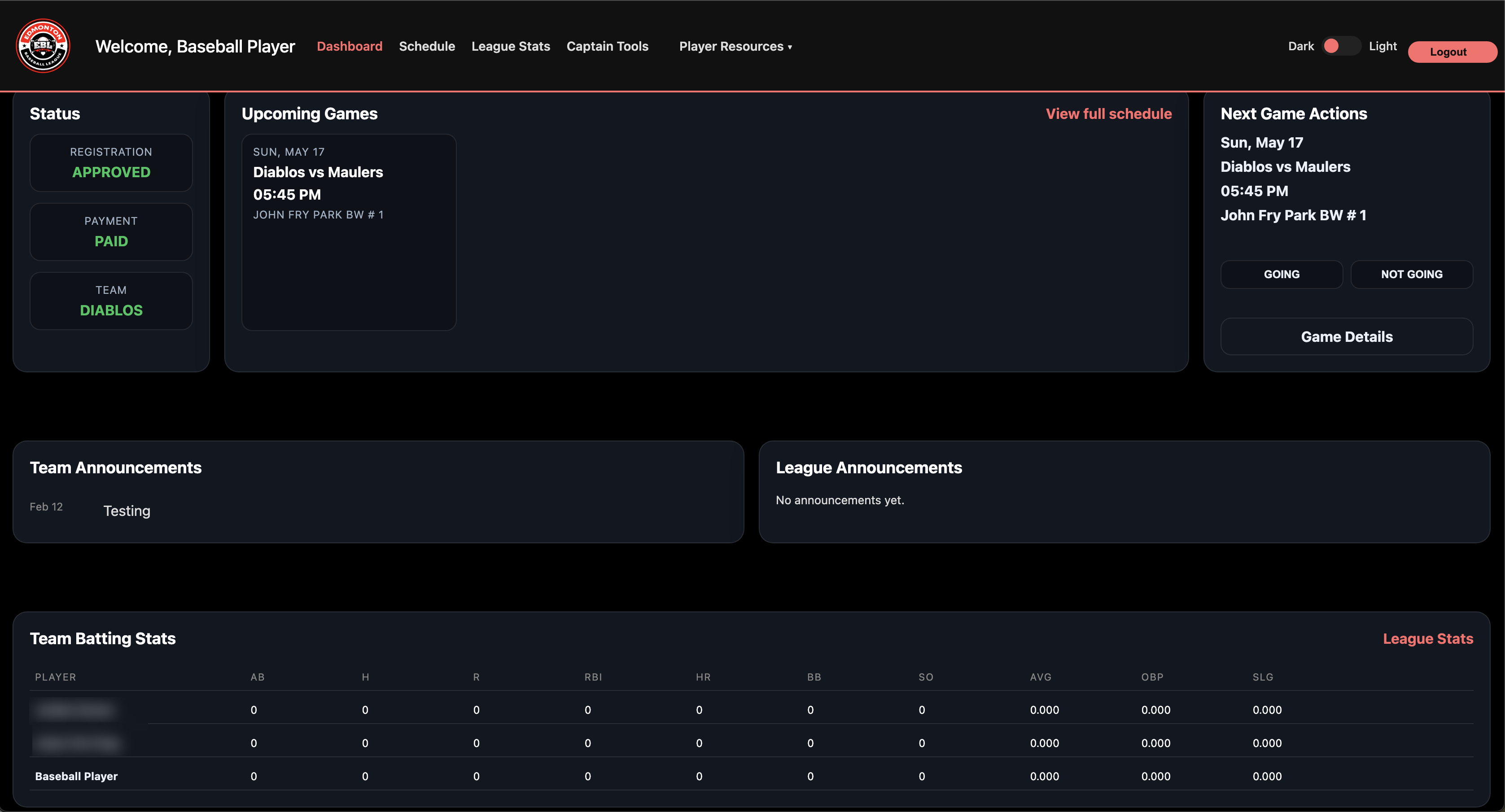 EBL web dashboard overview